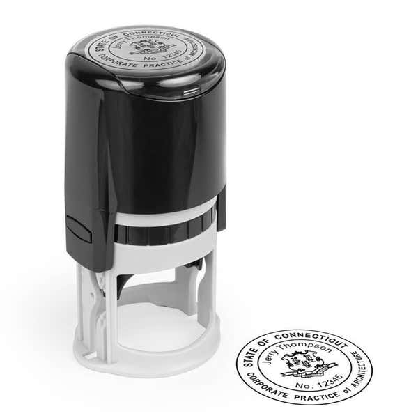 The State of Connecticut Corporate Architect Seal impression and a self-inking stamp on paper