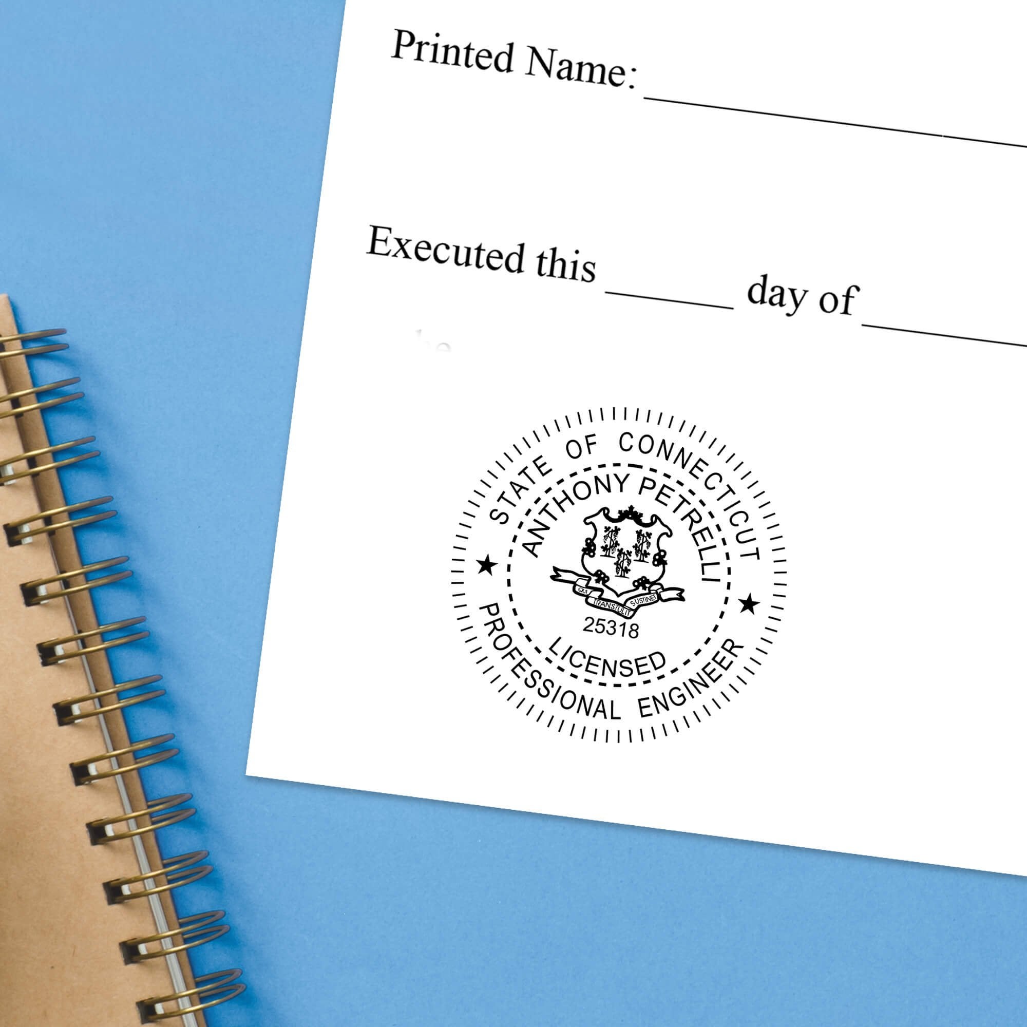 The State of Connecticut Engineer Seal impression at the bottom of a document with a blue background