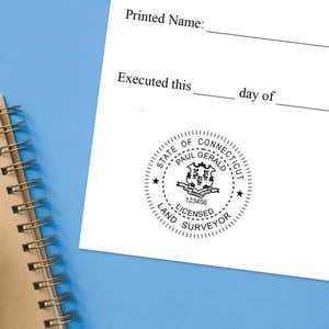 The State of Connecticut Land Surveyor Seal impression at the bottom of a document with a blue background
