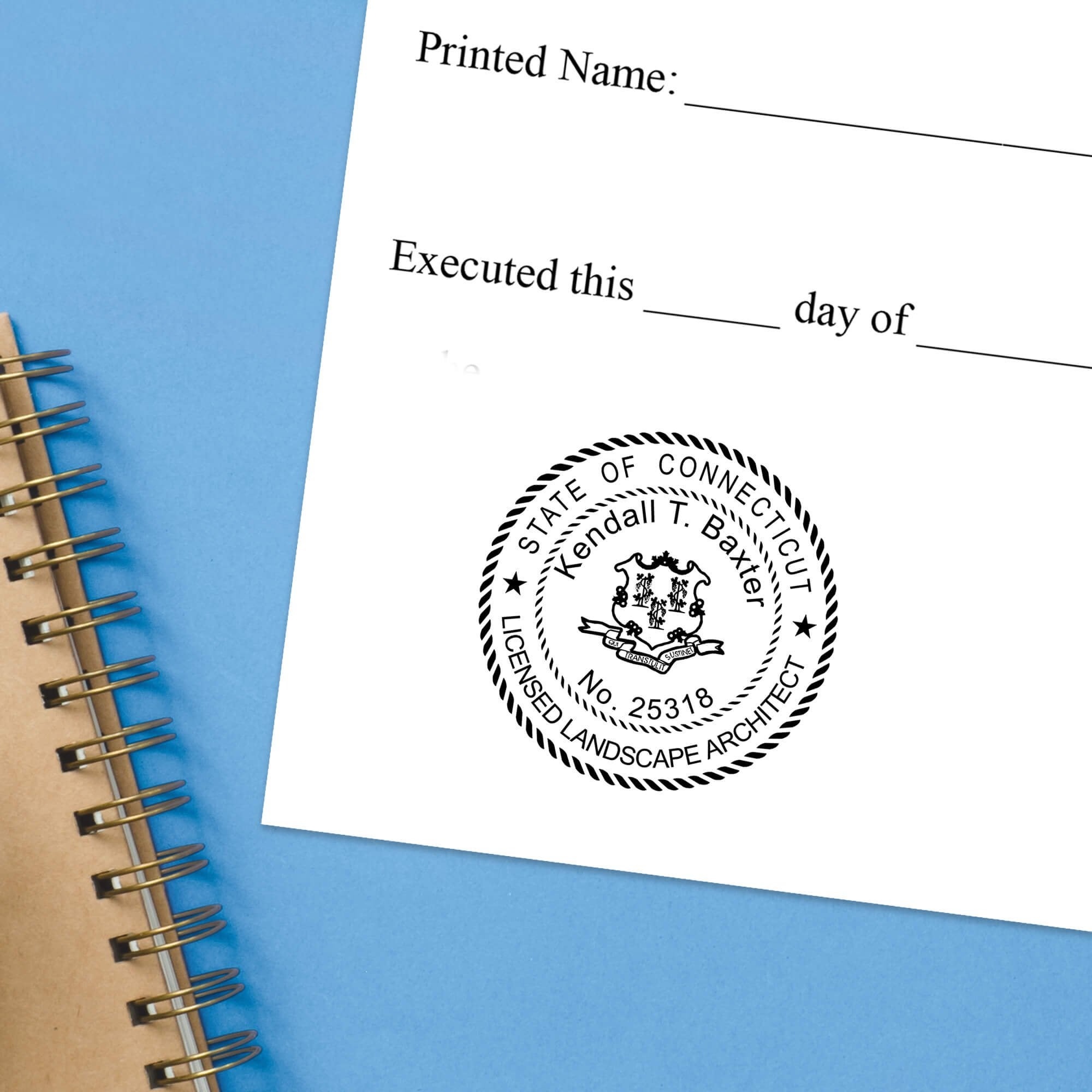 The State of Connecticut Landscape Architect Seal impression at the bottom of a document with a blue background
