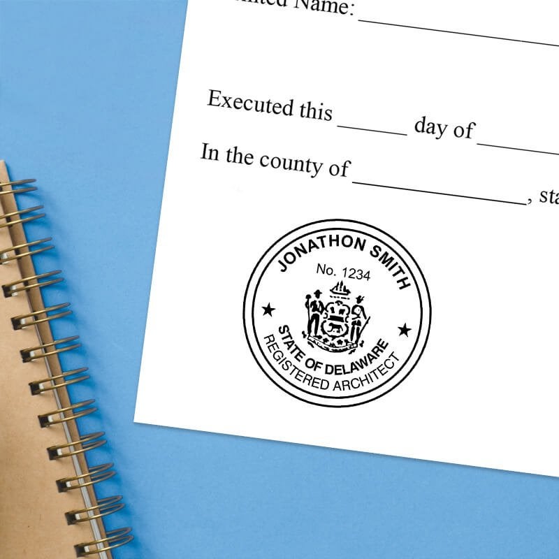 The State of Delaware Architect Seal impression at the bottom of a document with a blue background