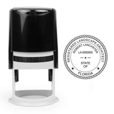 The State of Florida Landscape Architect Seal next to a self-inking stamp