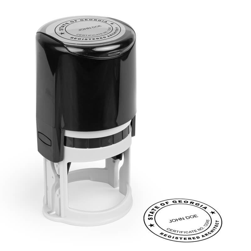 The State of Georgia Architect Stamp impression and self-inking stamp body on paper