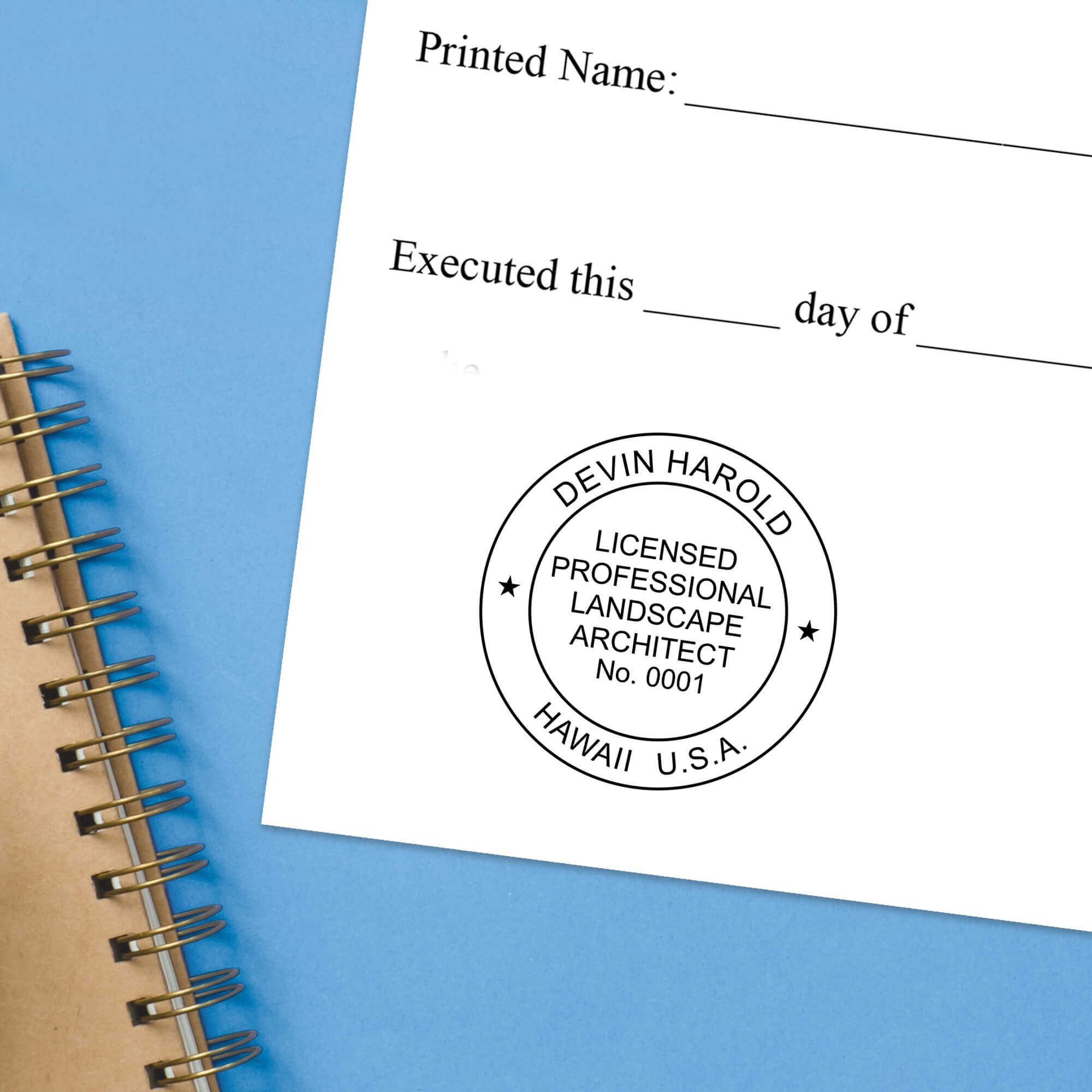 The State of Hawaii Landscape Architect Seal impression at the bottom of a document with a blue background