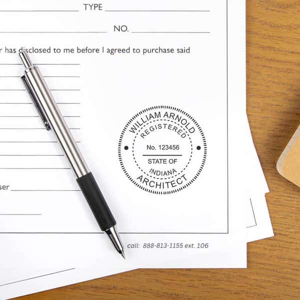 The State of Indiana Architect Seal on a document next to a pen