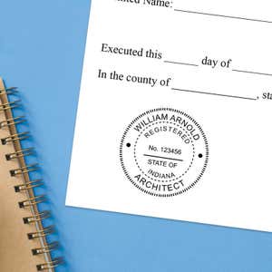 The State of Indiana Architect Seal on a document with a blue background