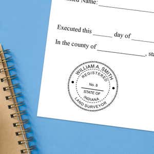 The State of Indiana Land Surveyor Seal impression at the bottom of a document with a blue background