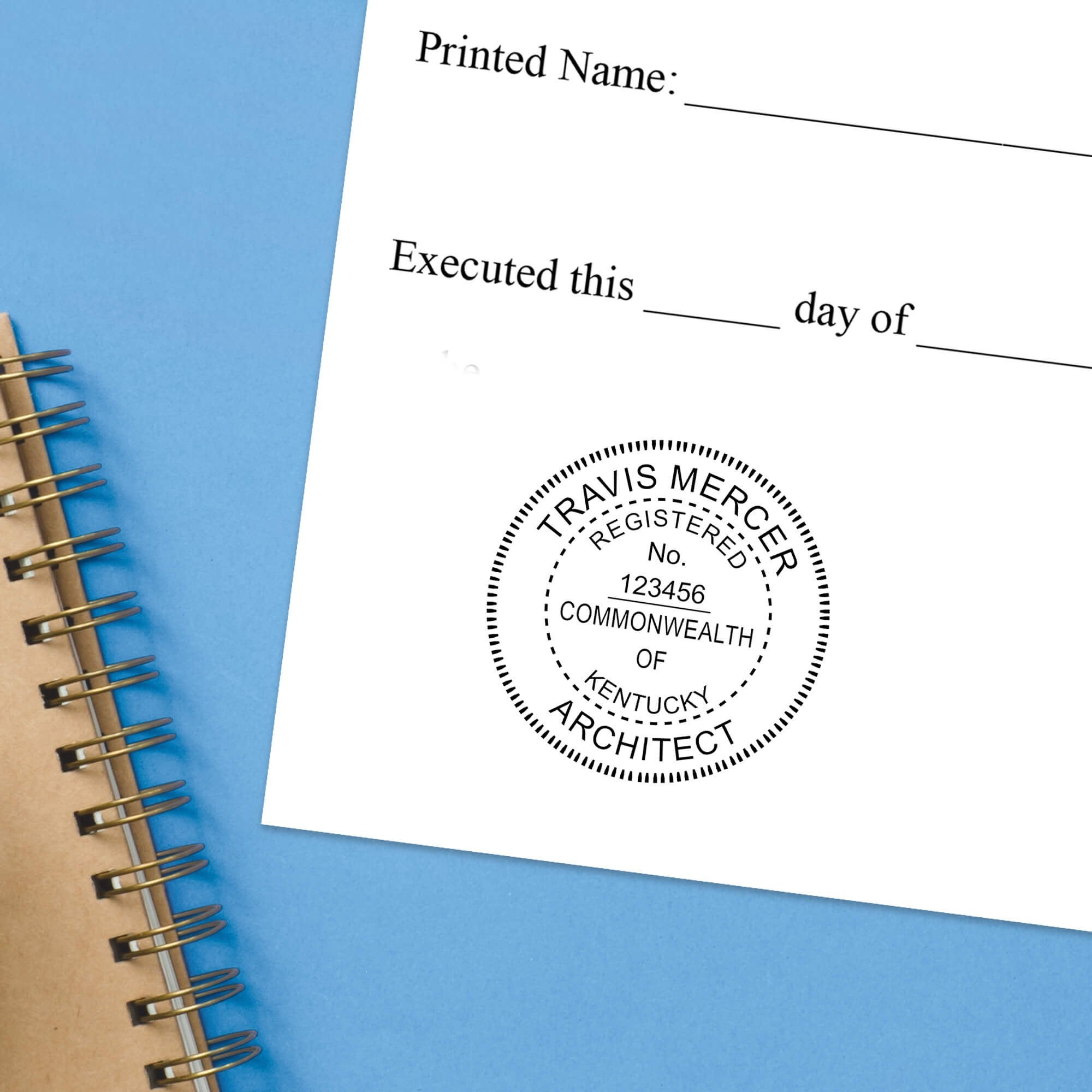 The State of Kentucky Architect Seal impression at the bottom of a document with a blue background