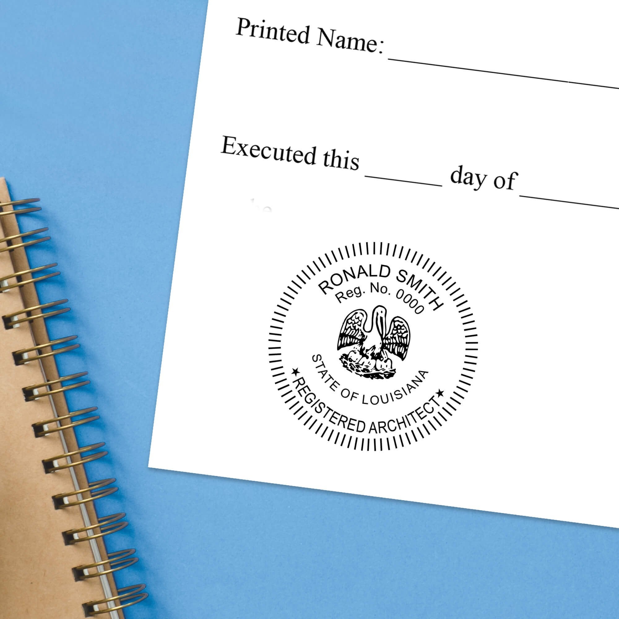 The State of Louisiana Architect Seal impression at the bottom of a document with a blue background