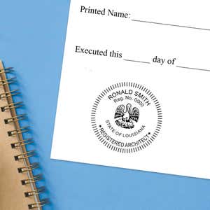 The State of Louisiana Architect Seal impression at the bottom of a document with a blue background