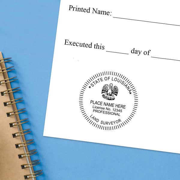 The State of Louisiana Land Surveyor Seal impression at the bottom of a document with a blue background