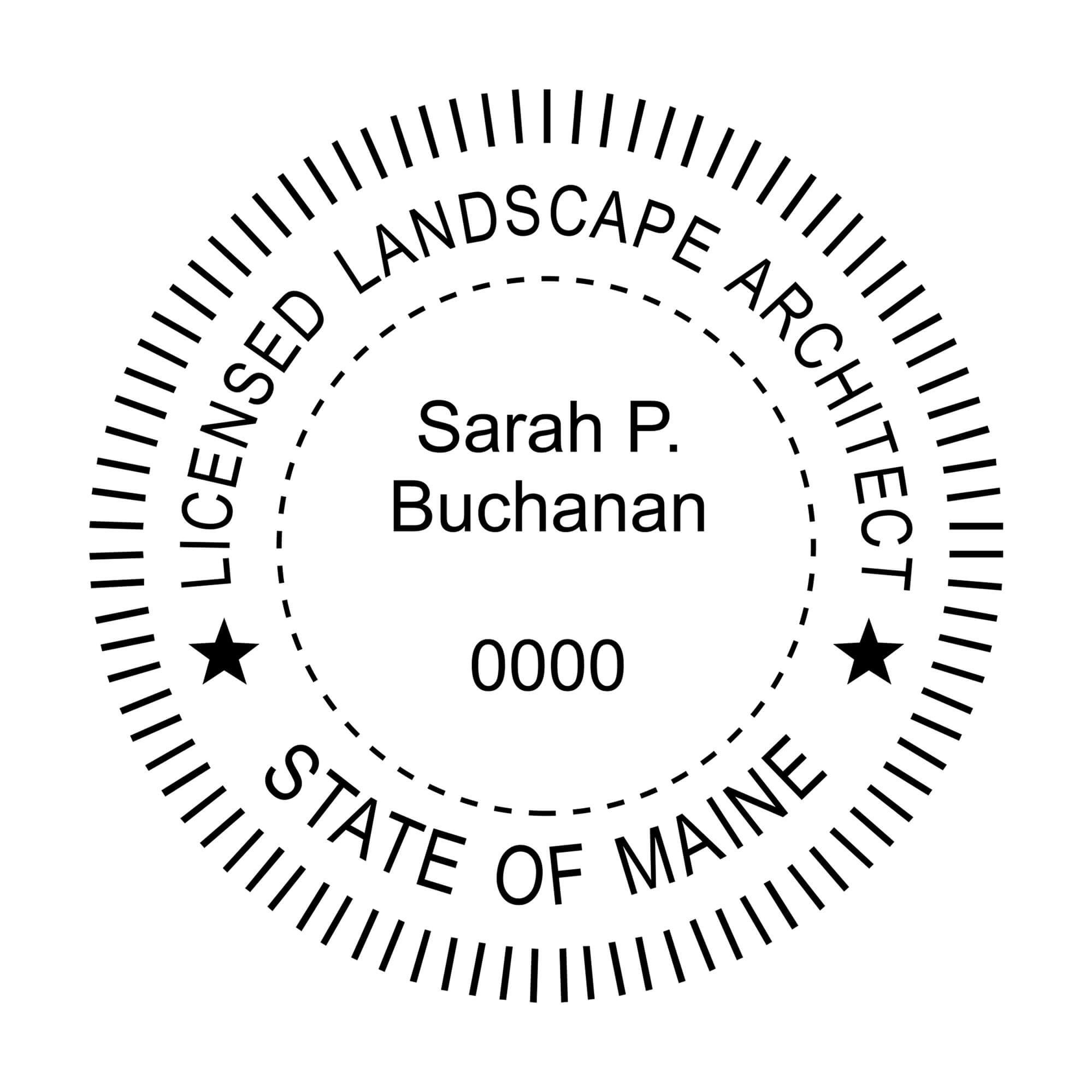 A close-up of the State of Maine Landscape Architect Embosser Seal