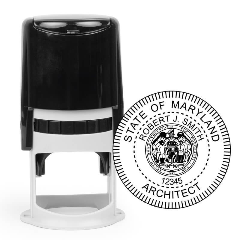 Maryland architect stamp and black self-inking stamp with official state seal.