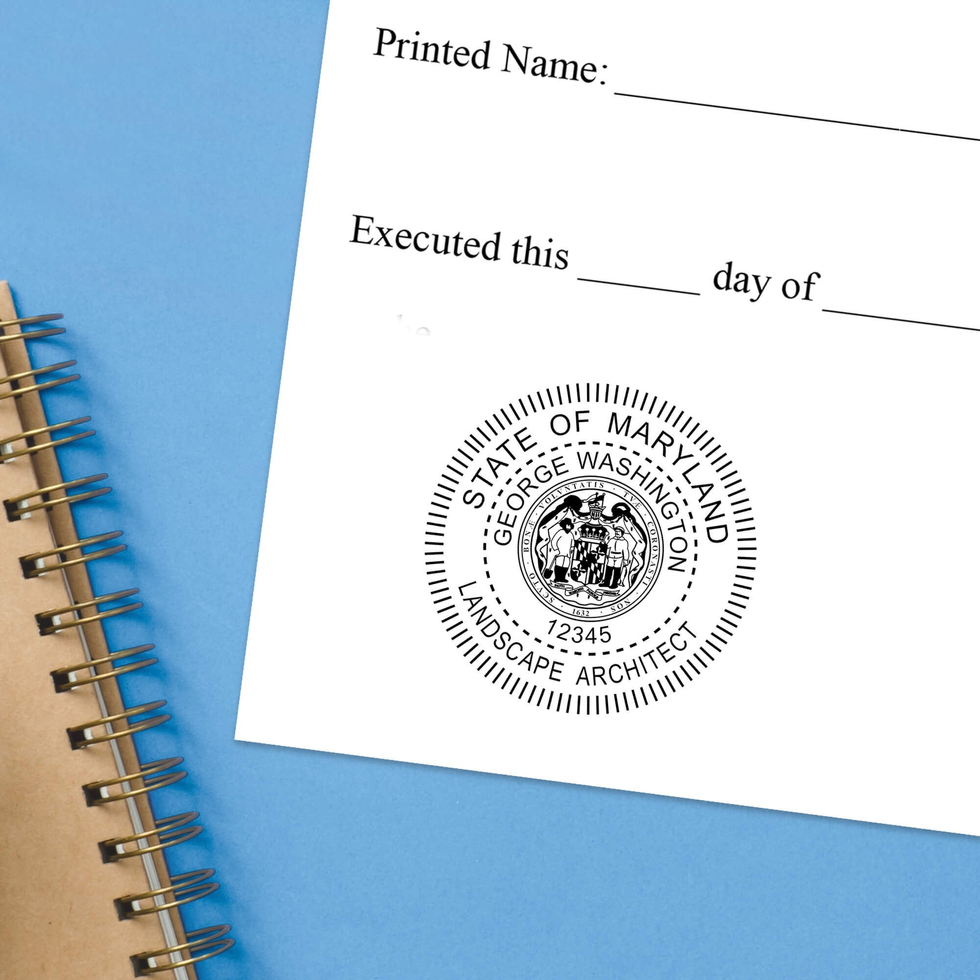 The State of Maryland Landscape Architect Seal impression at the bottom of a document with a blue background