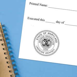 The State of Maryland Landscape Architect Seal impression at the bottom of a document with a blue background