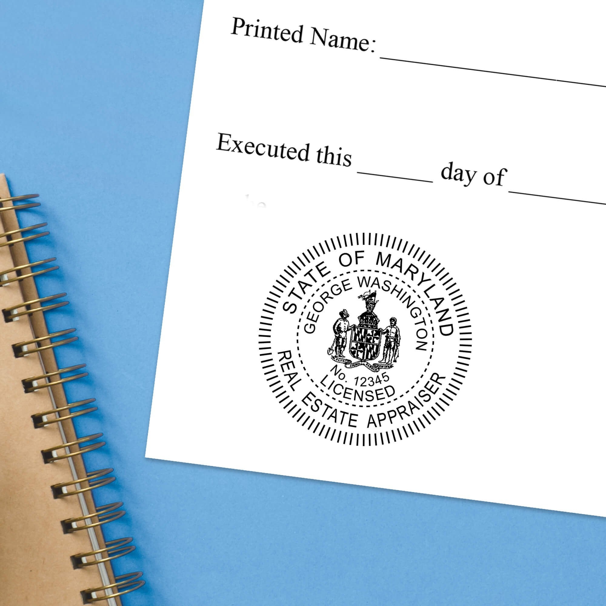 The State of Maryland Real Estate Appraiser Seal impression at the bottom of a document with a blue background
