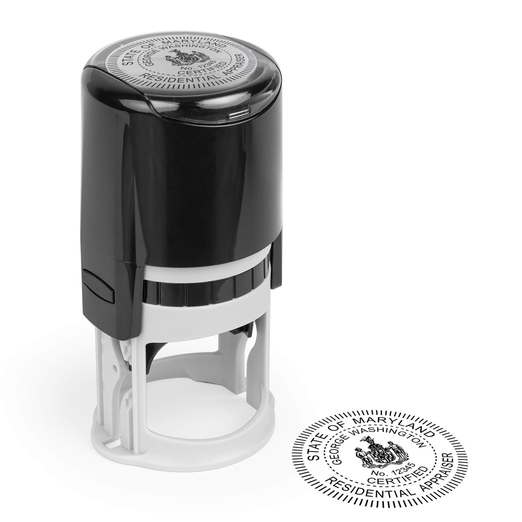 The State of Maryland Residential Appraiser Seal impression and a self-inking stamp on paper