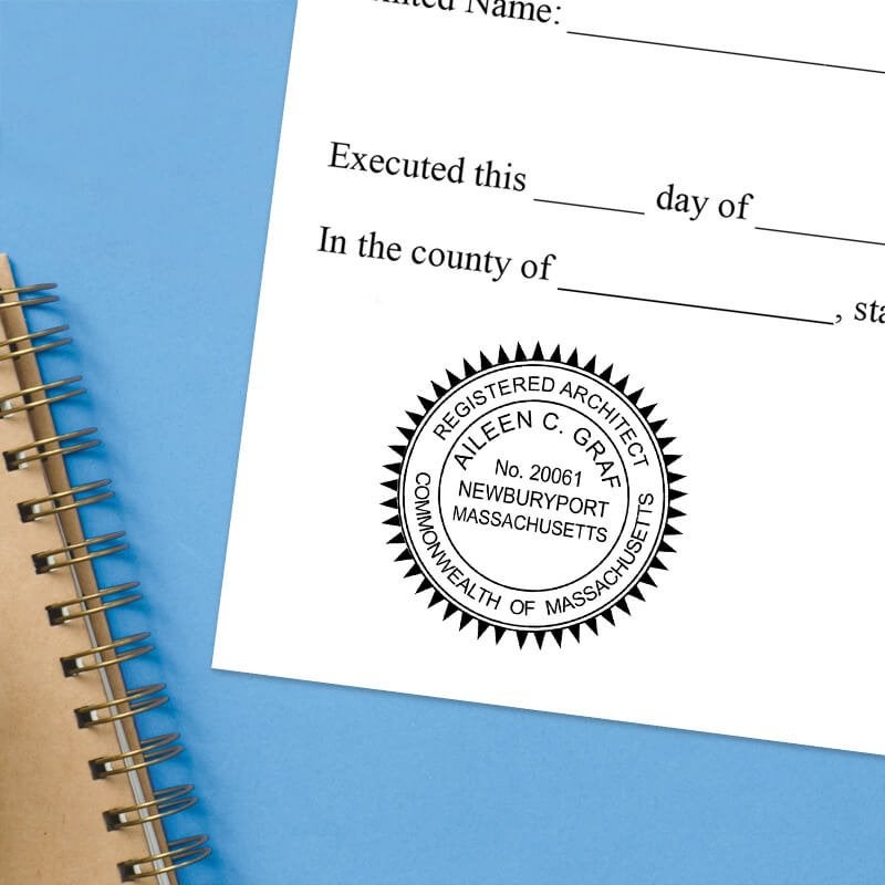 The State of Massachusetts Architect Stamp Seal Impression on a Document with a Blue Background