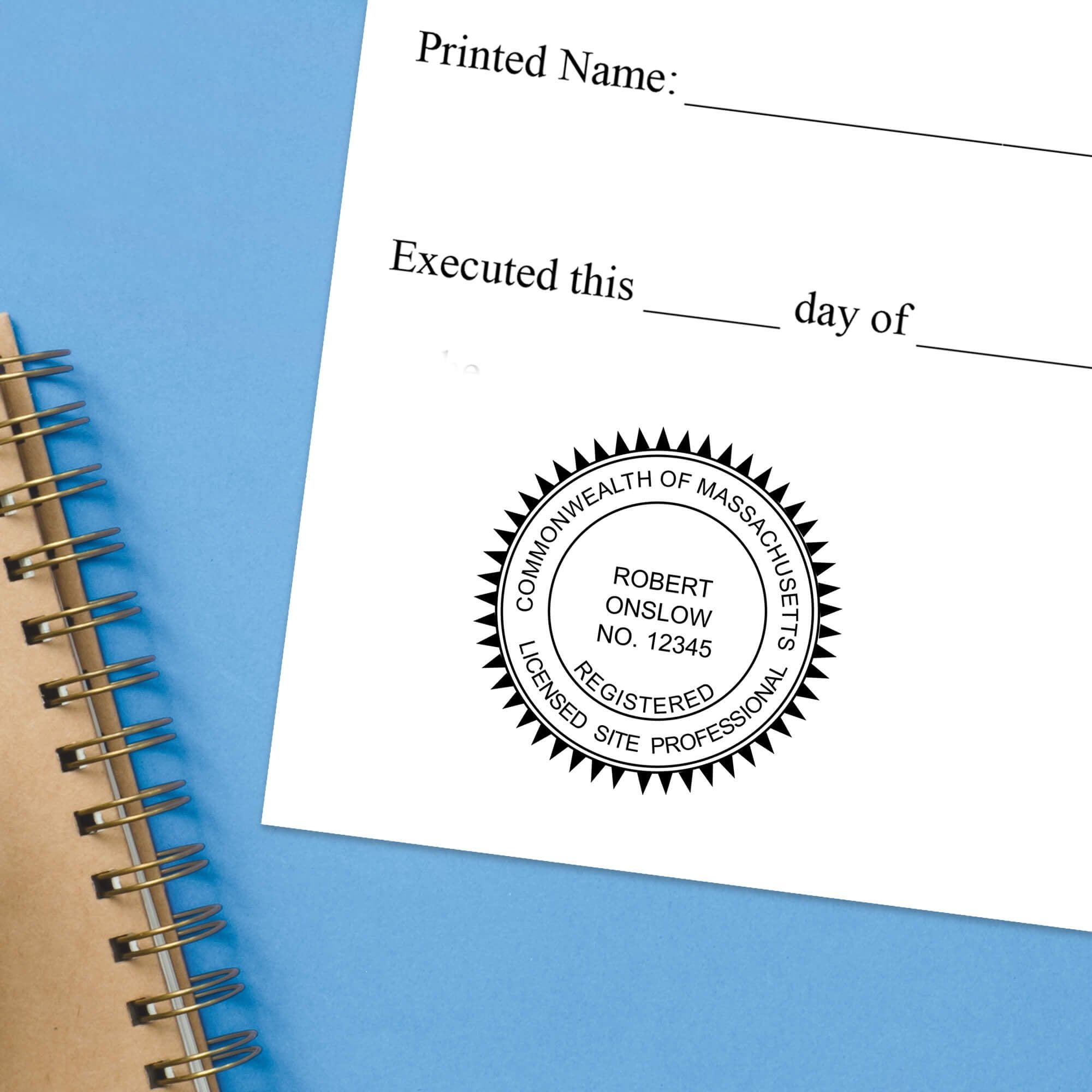 The State of Massachusetts Licensed Site Professional Seal impression at the bottom of a document with a blue background