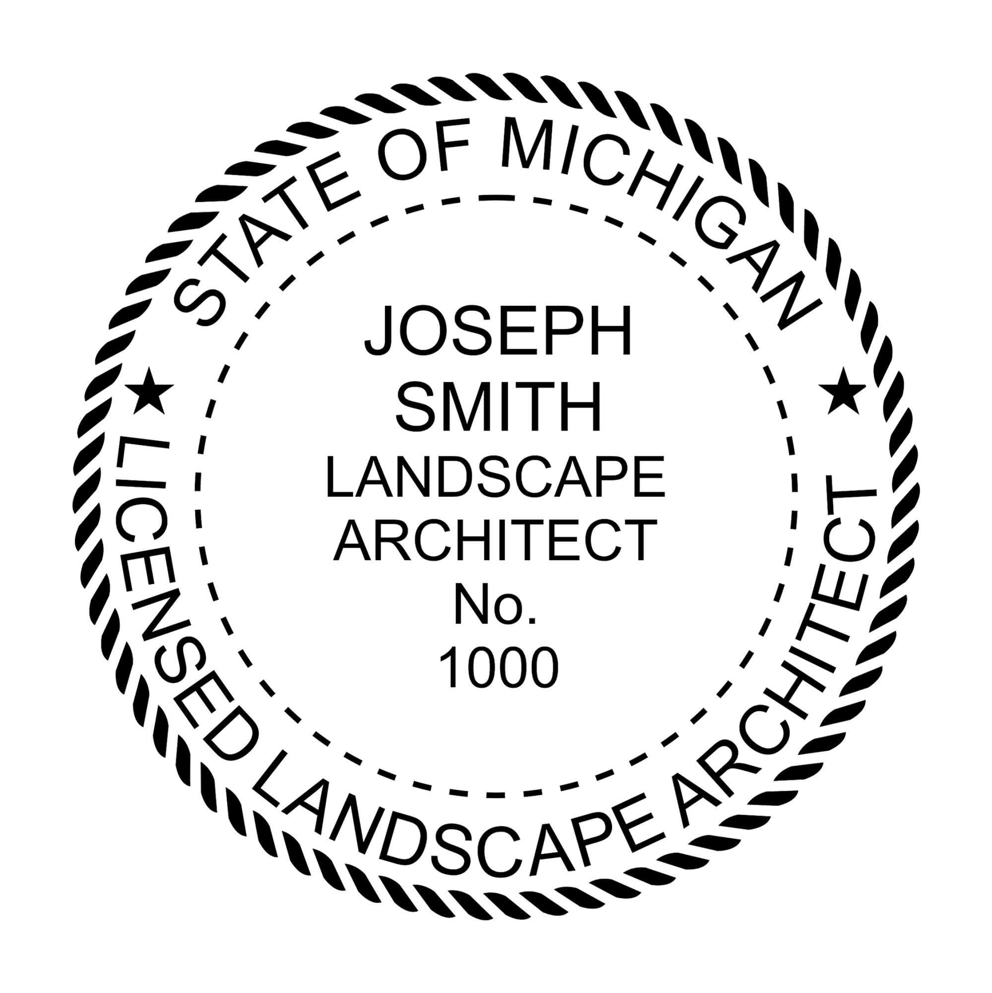A close-up of the State of Michigan Landscape Architect Seal