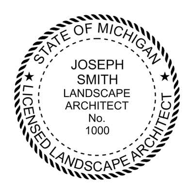 A close-up of the State of Michigan Landscape Architect Seal