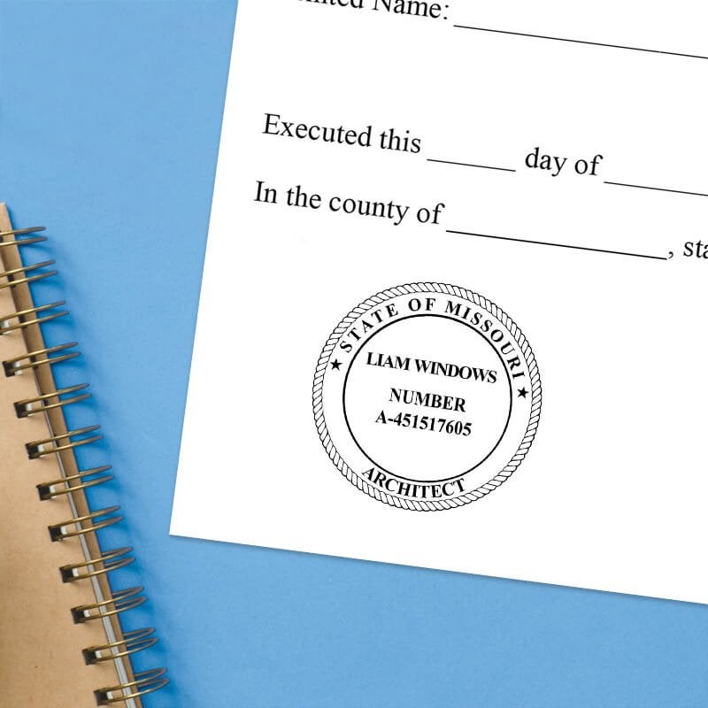 The State of Missouri Architect Seal on a document with a blue background