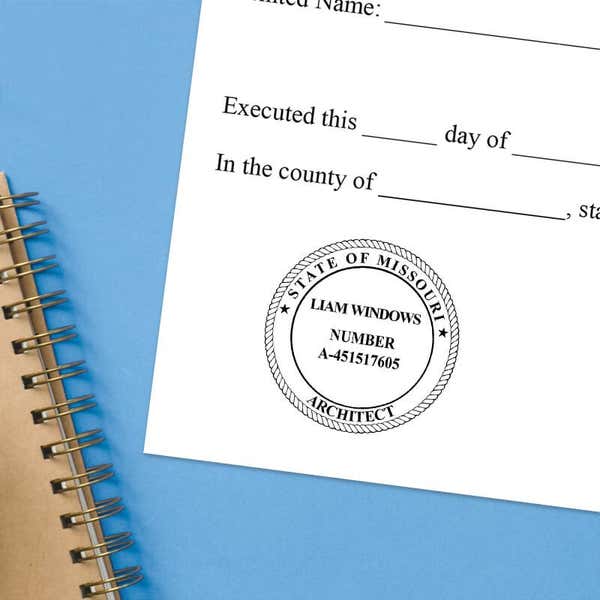 The State of Missouri Architect Seal on a document with a blue background