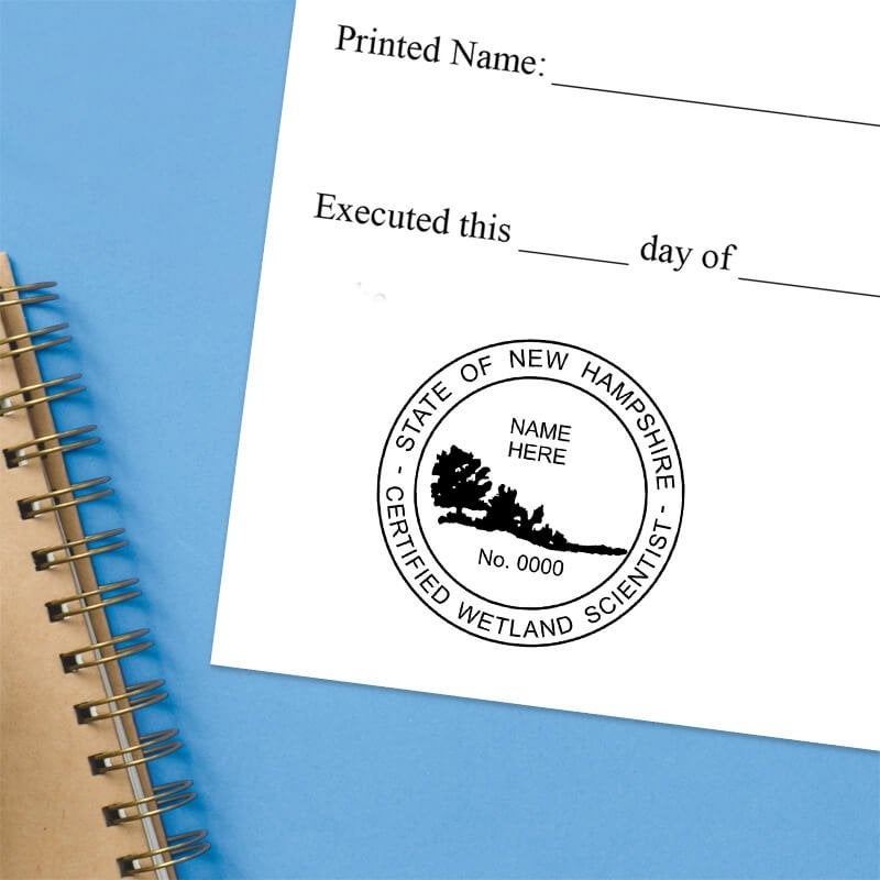 The State of New Hampshire Wetland Scientist Seal impression at the bottom of a document with a blue background