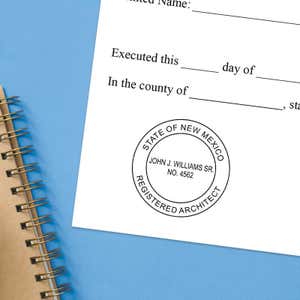The State of New Mexico Architect Seal impression at the bottom of a document with a blue background