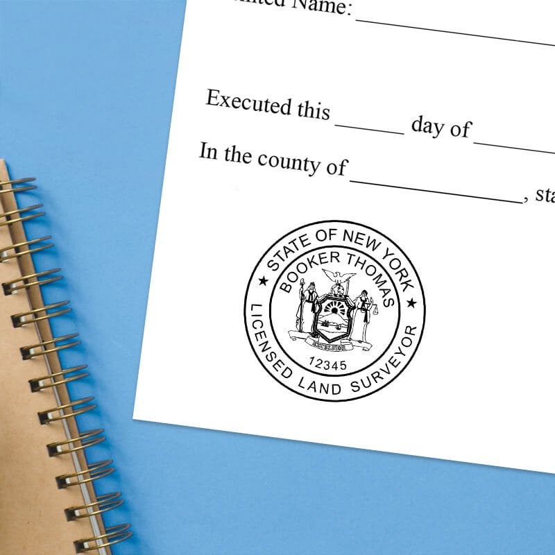 The New York Land Surveyor Seal on a document with a blue background