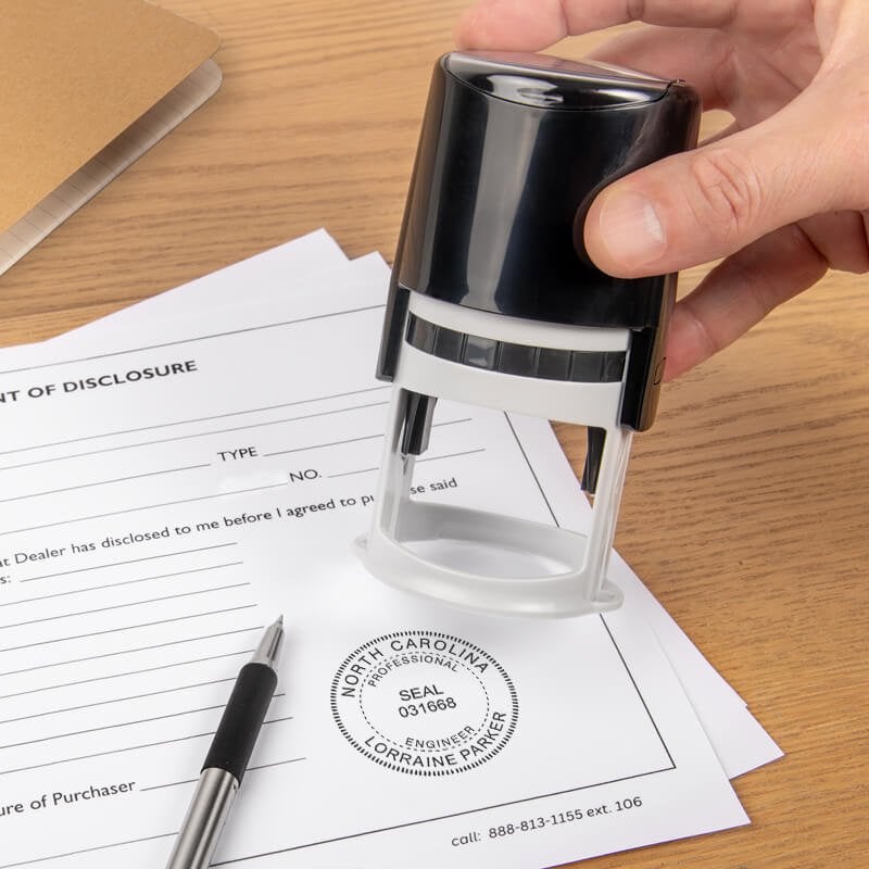 The State of North Carolina Engineer Seal being used on a document