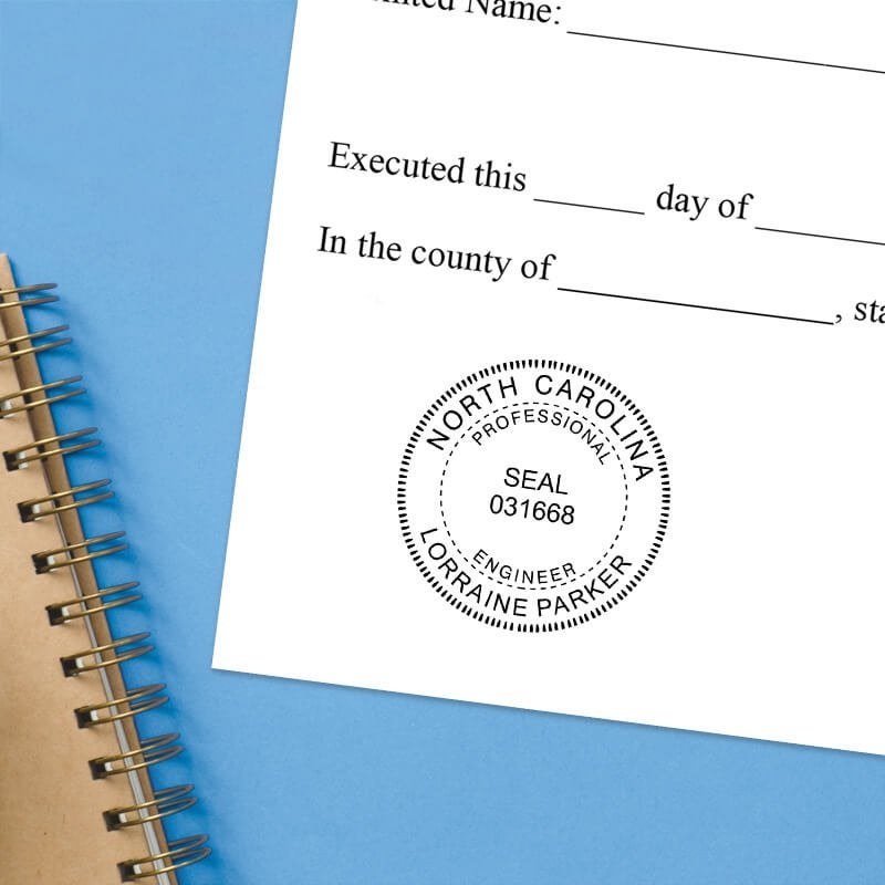 The State of North Carolina Engineer Seal on a document with a blue background