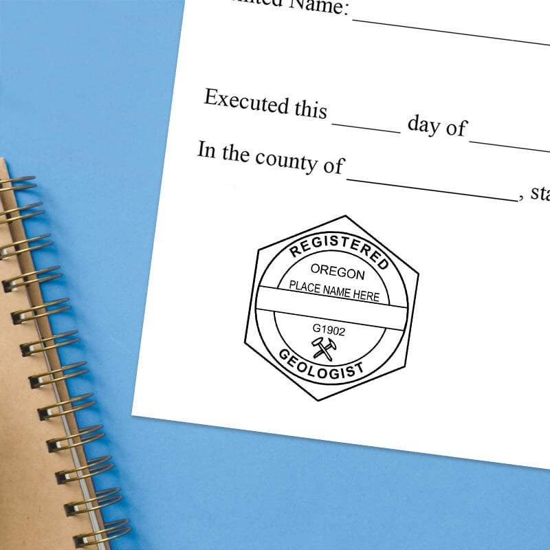 The Oregon Geologist Seal impression at the bottom of a document with a blue background