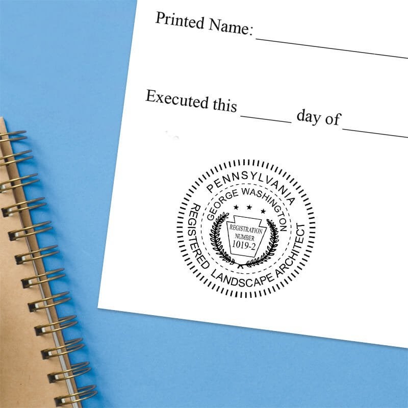 The State of Pennsylvania Landscape Architect Seal impression at the bottom of a document with a blue background