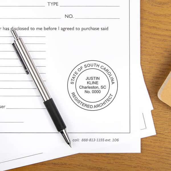 The State of South Carolina Architect Seal impression on a document next to a pen