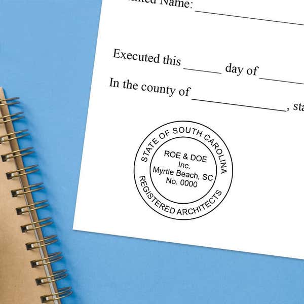 The State of South Carolina Architectural Firm Seal impression at the bottom of a document with a blue background