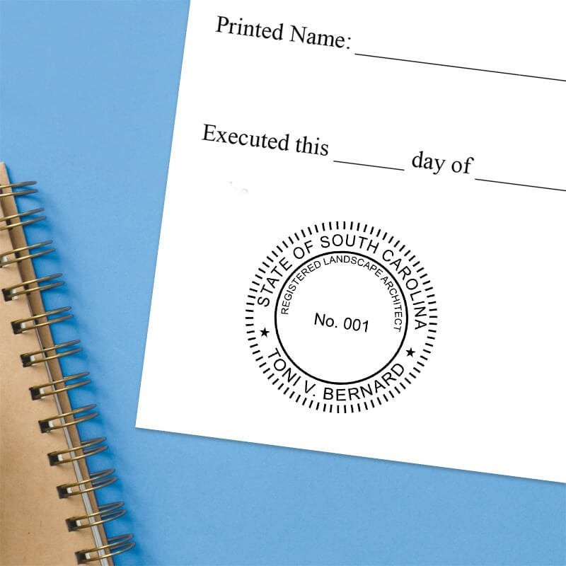 The State of South Carolina Landscape Architect Seal impression at the bottom of a document with a blue background