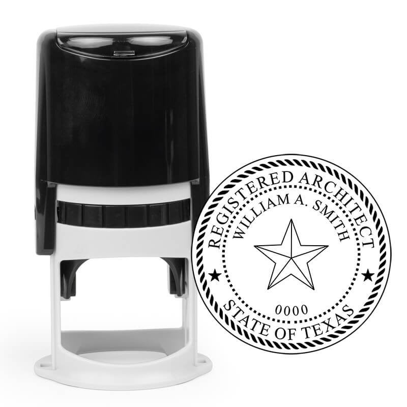 A Texas architect seal stamp with a custom name and number.
