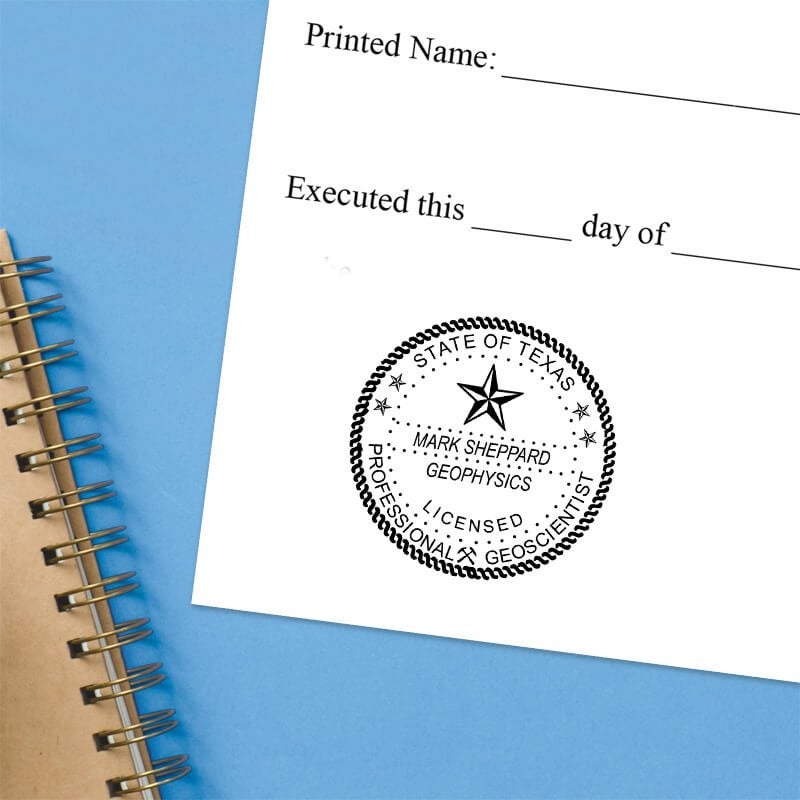 State of Texas Geoscientist Seal stamped on geophysicist licensing document, showing official certification for professional geoscientists.