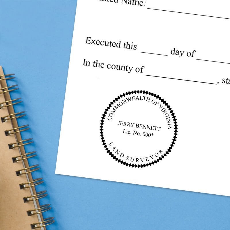 The State of Virginia Land Surveyor Seal impression at the bottom of a document with a blue background