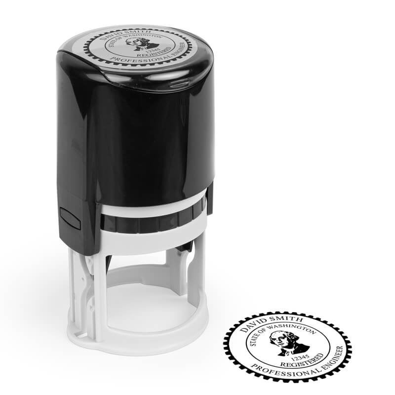 The State of Washington Engineer Seal impression on paper next to the self-inking stamp