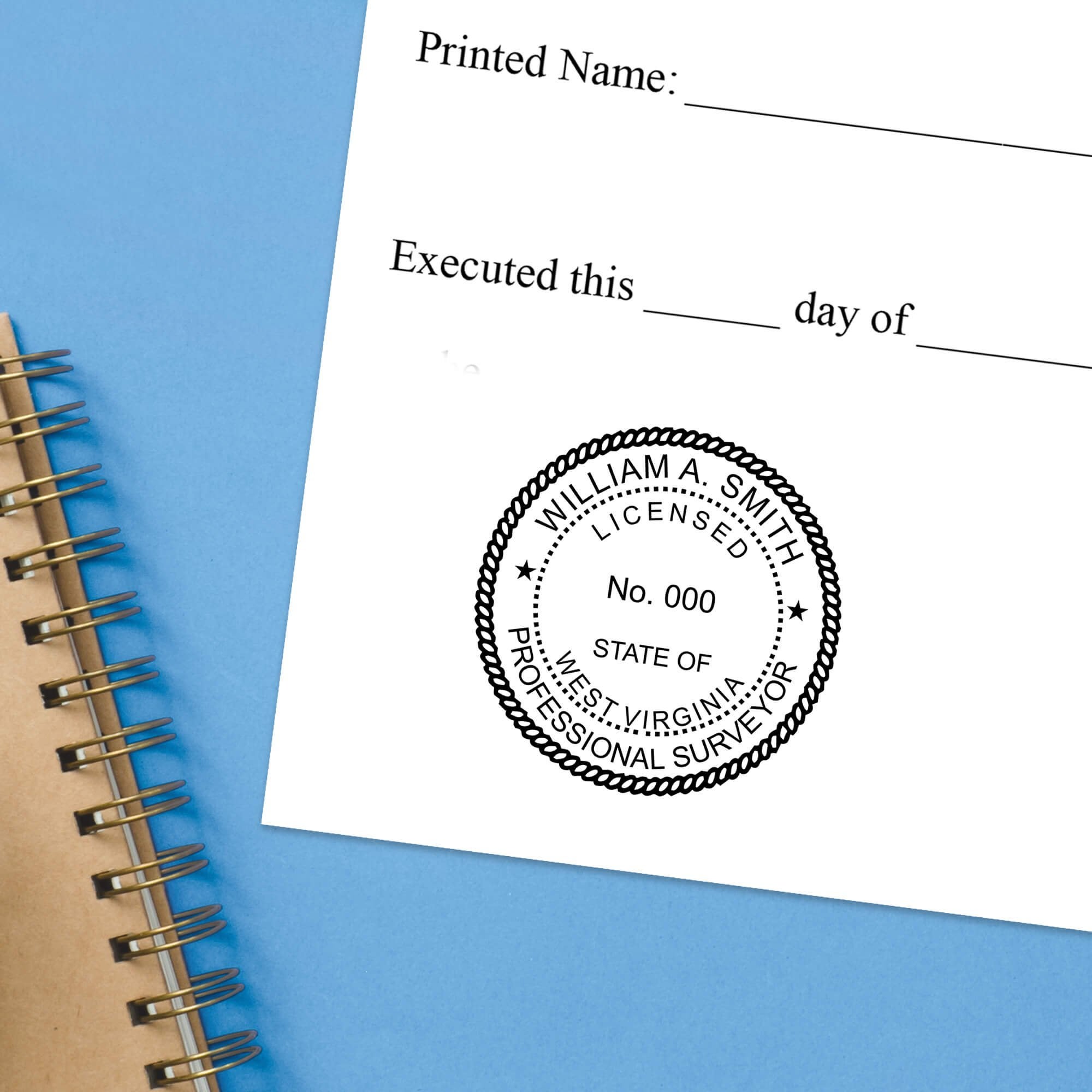 The State of West Virginia Surveyor Seal impression at the bottom of a document with a blue background