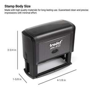 Trodat Printy 4925 self-inking stamp with body dimensions of 3-3/4" tall, 4-1/8" wide, and 1-5/8" deep