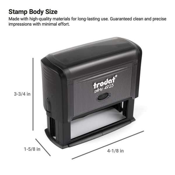 Trodat Printy 4925 self-inking stamp with body dimensions of 3-3/4" tall, 4-1/8" wide, and 1-5/8" deep