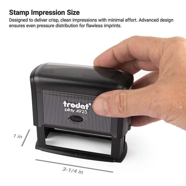 Trodat Printy 4925 self-inking stamp in use with 1" x 3.25" impression size for custom business stamps