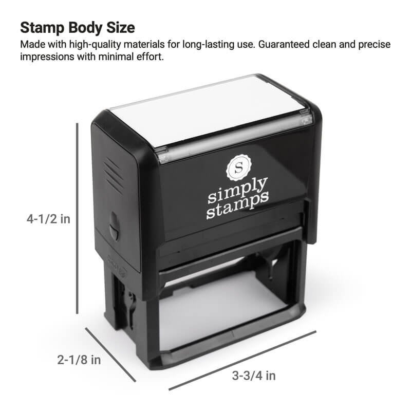 Self-inking stamp with body size 4.5" x 3.75" x 2.13", built for clean, long-lasting impressions