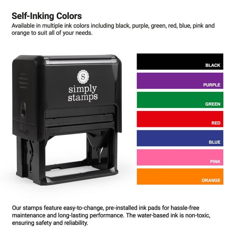 Image of a self-inking stamp. Next to it is a color chart displaying ink options: black, purple, green, red, blue, pink, and orange. Text details the stamps features, including easy-to-change ink pads.