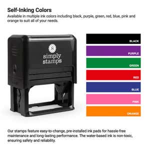 Image of a self-inking stamp. Next to it is a color chart displaying ink options: black, purple, green, red, blue, pink, and orange. Text details the stamps features, including easy-to-change ink pads.