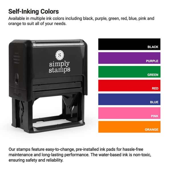 Image of a self-inking stamp. Next to it is a color chart displaying ink options: black, purple, green, red, blue, pink, and orange. Text details the stamps features, including easy-to-change ink pads.