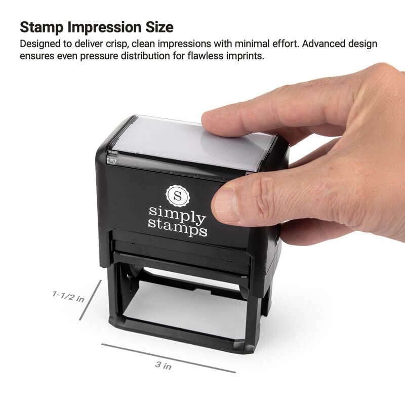 Simply Stamps self-inking stamp in use with 1.5" x 3" impression size